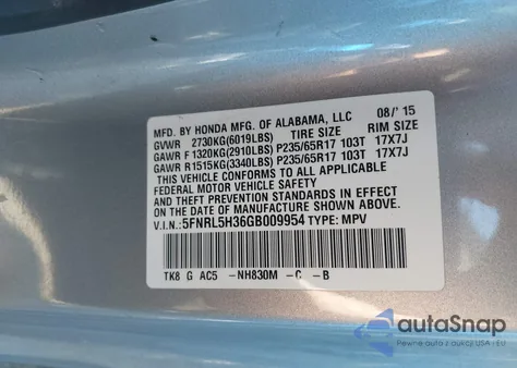 2016 Honda Odyssey Se z USA, uszkodzony, nr VIN 5FNRL5H36GB009954